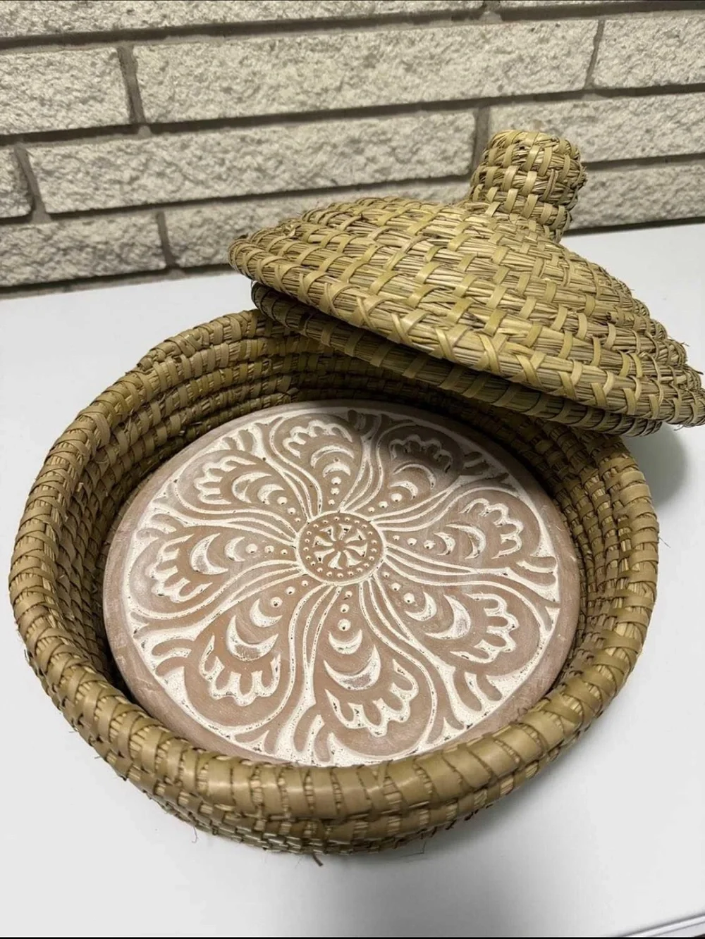 Handwoven Natural Straw Lidded Basket - Bread Warmer with stone